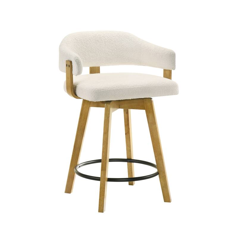 Callah Natural Wood Bar Stool, Counter Height Kitchen Stool in Amber Glow Finish with White Boucle Fabric Upholstered Seat