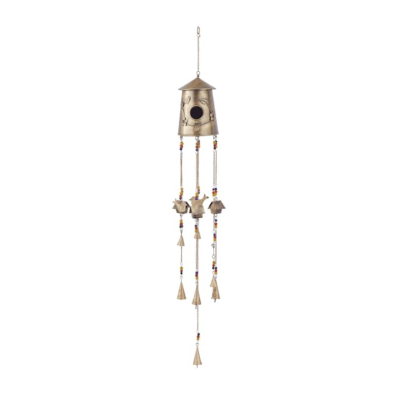 Metal Handmade Birdhouse Indoor Outdoor Windchime with Glass Beads and Bells - Bronze - Roche River Decor