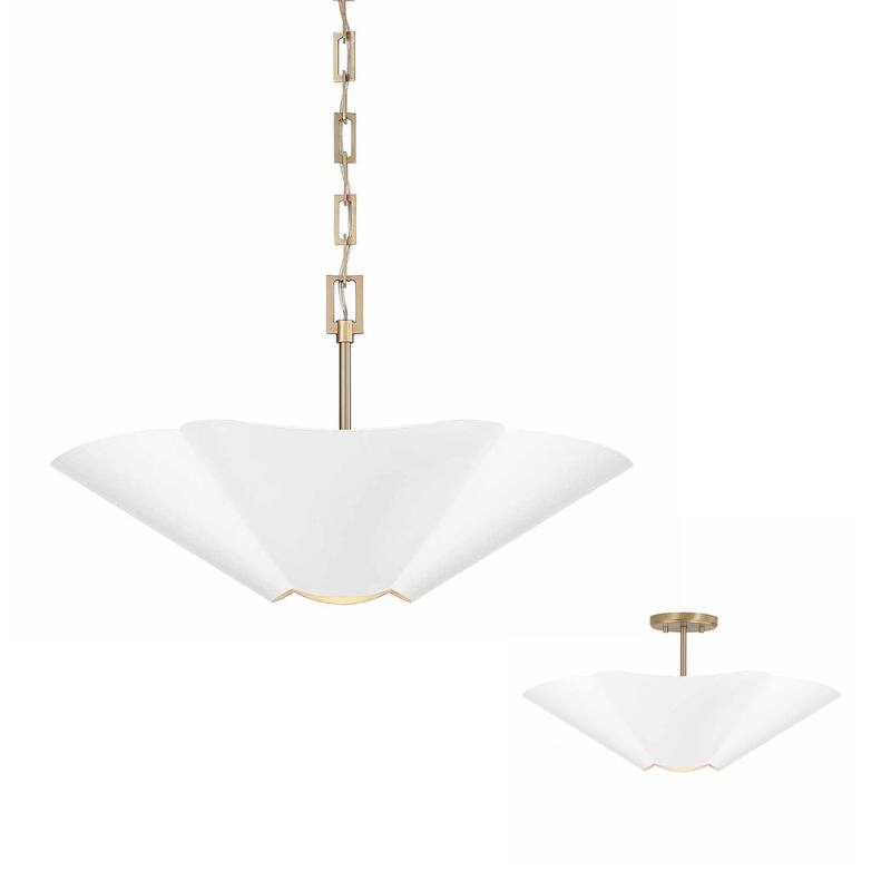 4-Light Modern Botanical Dual Mount Pendant in Matte White with Painted Matte Brass Interior and Square Designer Chain - 23.25"W x 12.75"H