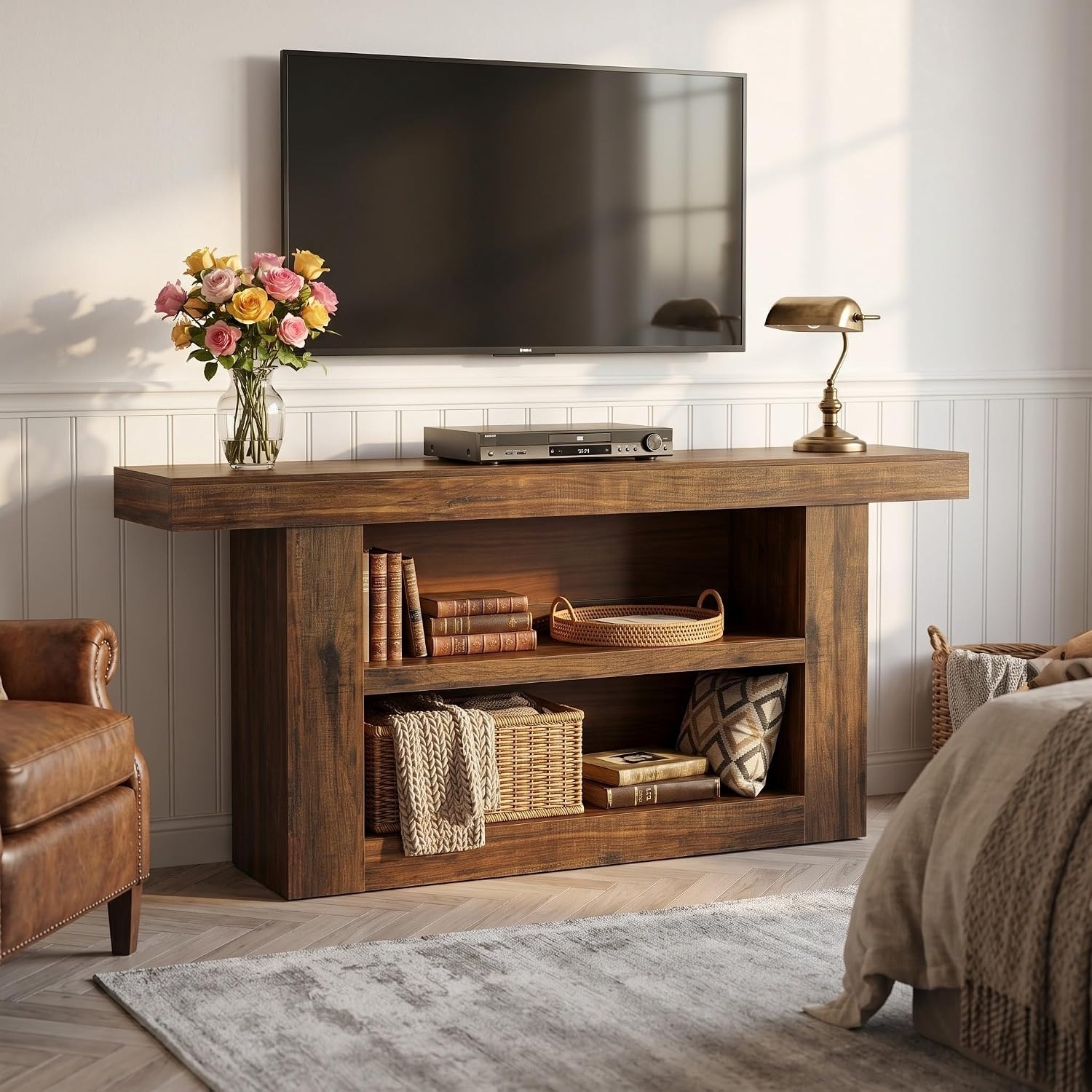 63-Inch TV Stand, Farmhouse Media Console with 3-Tier Storage