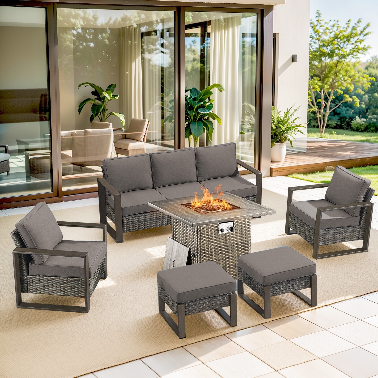 Pocassy 4/6/8PCS Sofa Swivel Chair with Fire Pit Table Set