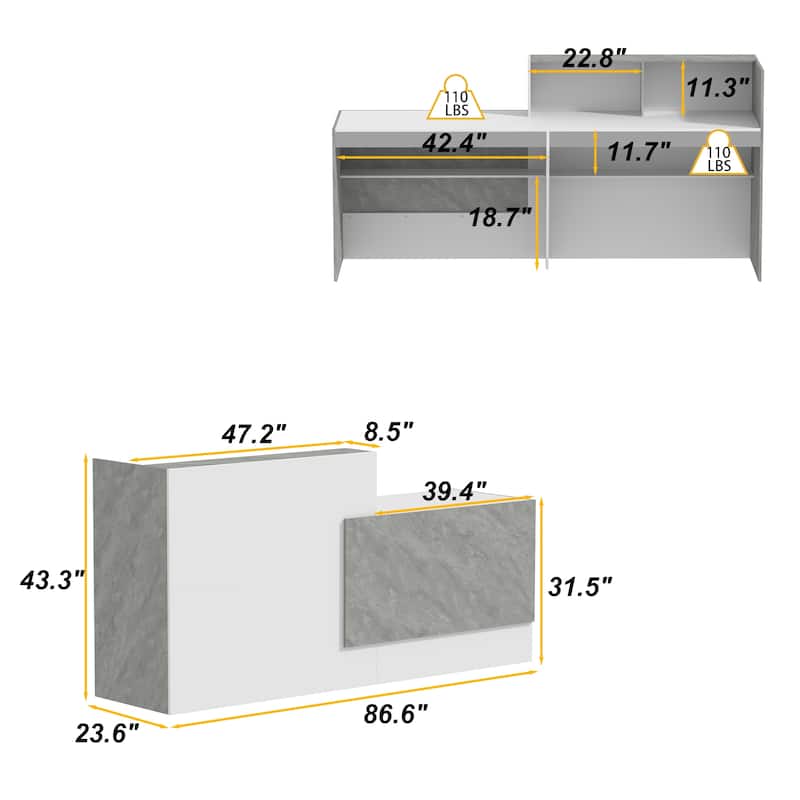 White and Marble Reception Desk with Computer Surface and 4 Shelves
