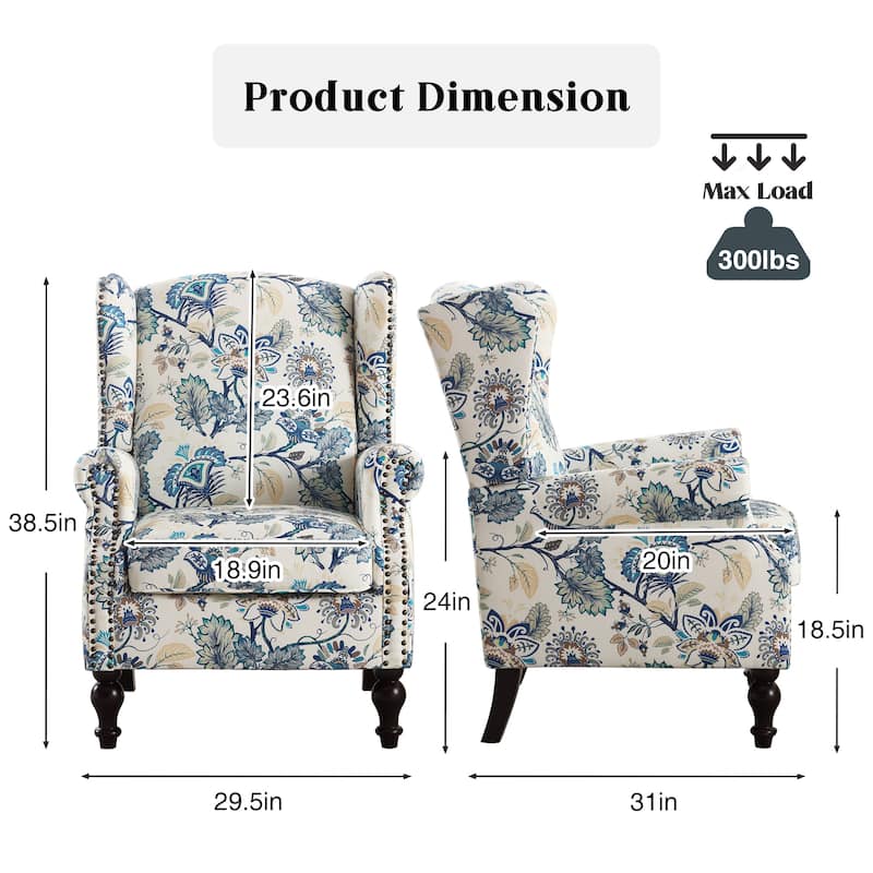HOMYKA 29'' Wide Floral Pattern Wingback Accent Armchair with Nailhead Trim
