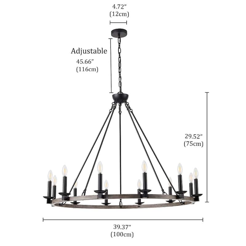 Rustic Black 12-Light Wagon Wheel Candle Style Chandelier