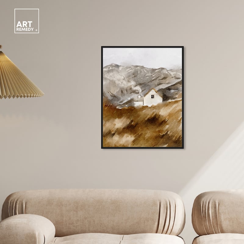 Art Remedy House In The Mountains Framed Landscape 1 Piece Canvas Wall Art Watercolor Style