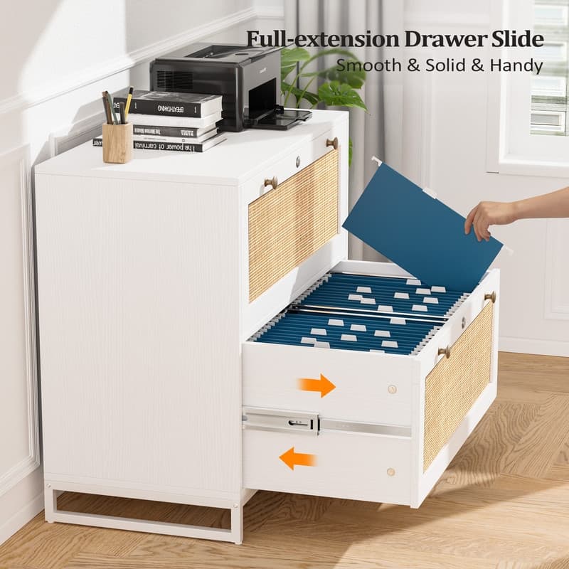 File Cabinet Lateral 2-Drawer Wood Rattan with Lock for Home Office