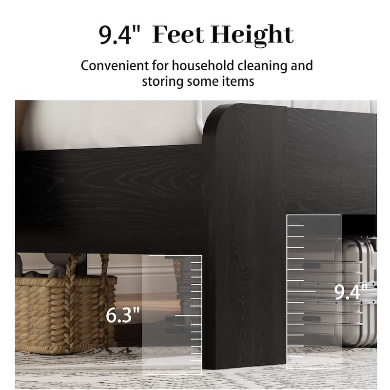 Wood Bed Frame with Storage Shelf Headboard Vintage Platform Bed Frame with Led Lights/Charging Station/Noise-Free Design/Black