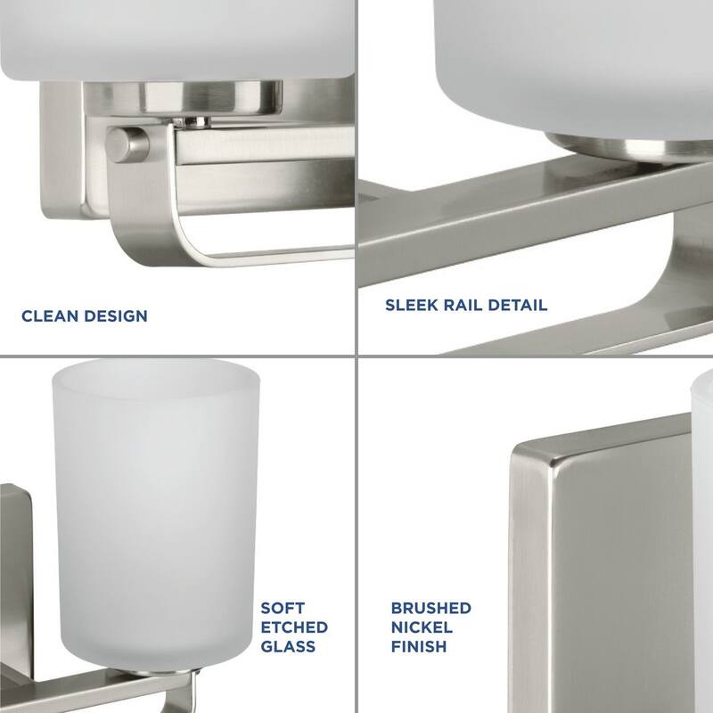 League Collection Two-Light Brushed Nickel and Etched Glass Modern Farmhouse Bath Vanity Light - 13.62 in x 5.5 in x 7.62 in