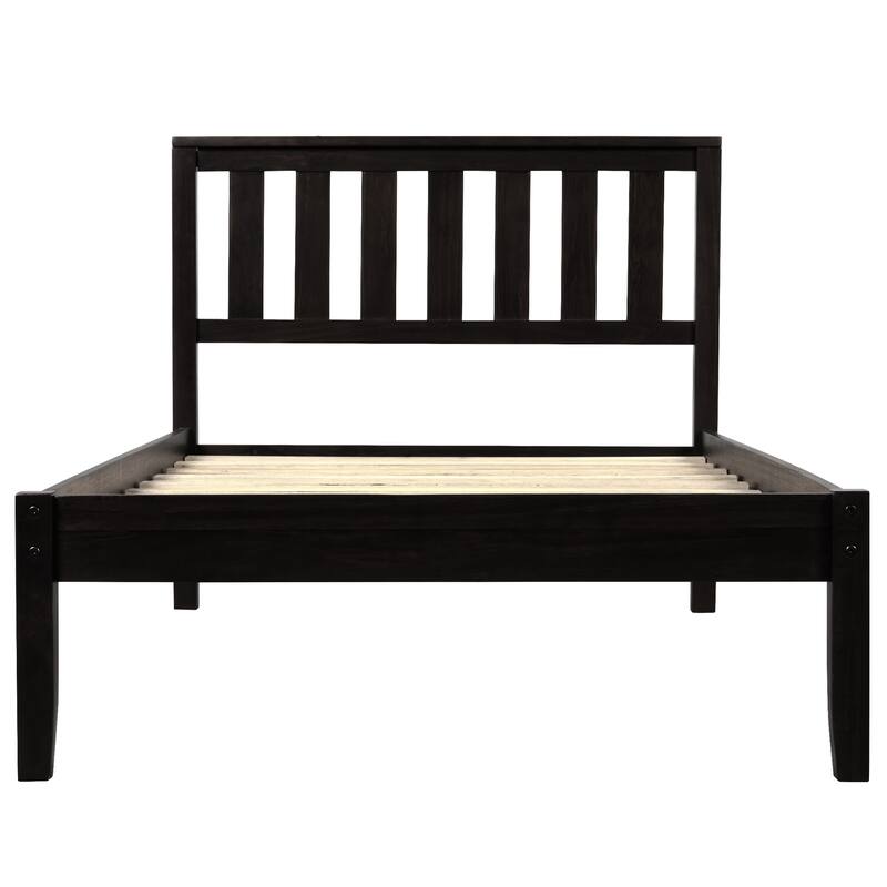 Espresso Wood Platform Bed with Headboard/Wood Slat Support, Twin