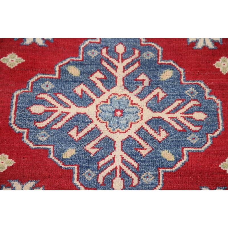 Hand Knotted Oriental 100% Wool Carpet Traditional Geometric Red Kazak Runner Rug - 8' 1'' X 2' 9''