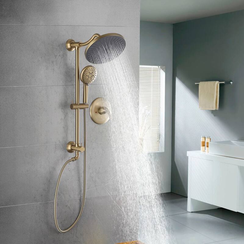 Pressure Balanced Rainfall Shower System with 5 Function Handheld Shower - Brushed Gold