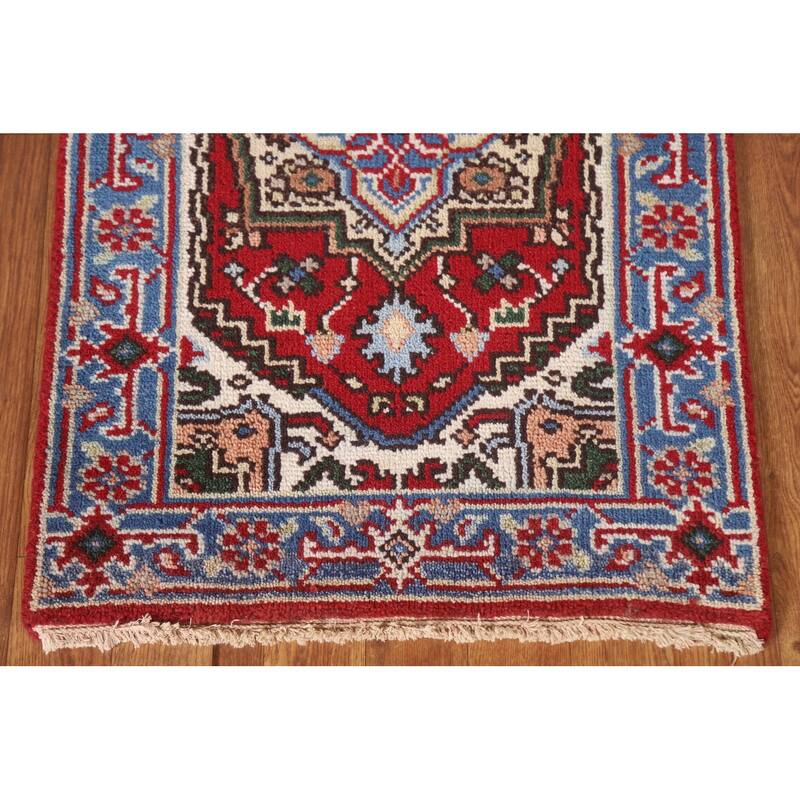 Red Geometric Heriz Serapi Indian Foyer Rug Hand-knotted Wool Carpet - 2'0"x 3'0"