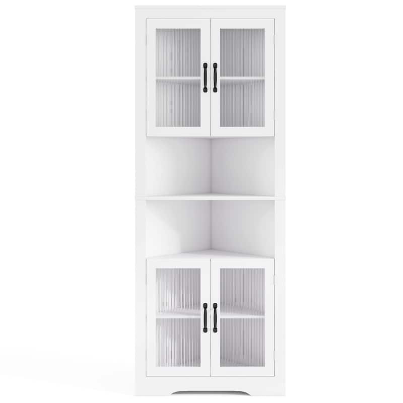 White MDF and Tempered Glass 6-Tier Corner Cabinet with Adjustable Shelves - 26" x 14" x 67" (L x W x H) - White