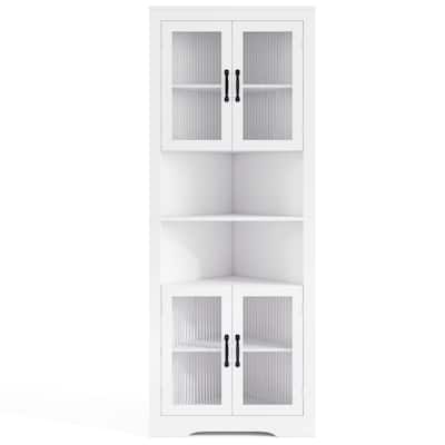 White MDF and Tempered Glass 6-Tier Corner Cabinet with Adjustable Shelves - 26" x 14" x 67" (L x W x H)