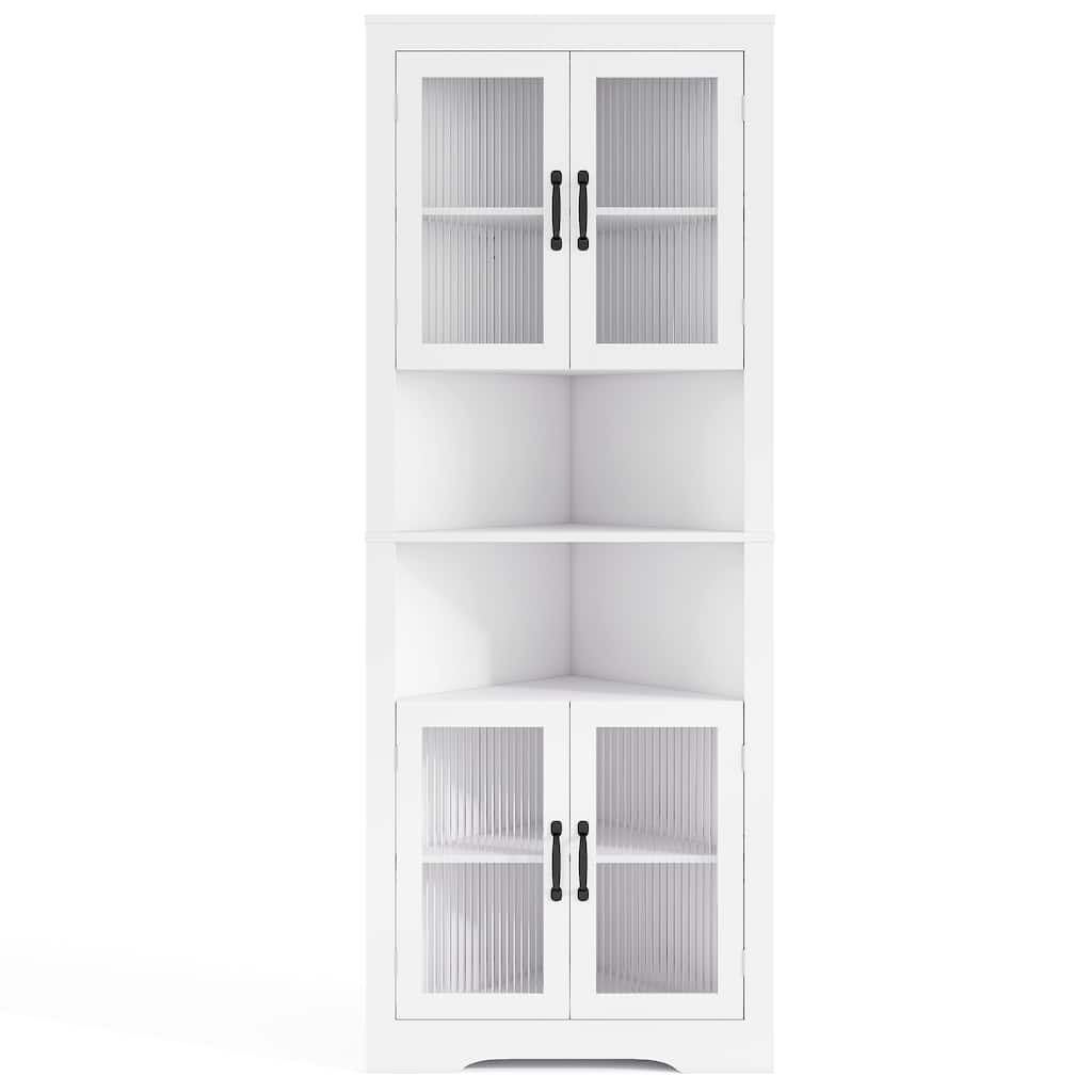 White MDF and Tempered Glass 6-Tier Corner Cabinet with Adjustable Shelves - 26" x 14" x 67" (L x W x H)