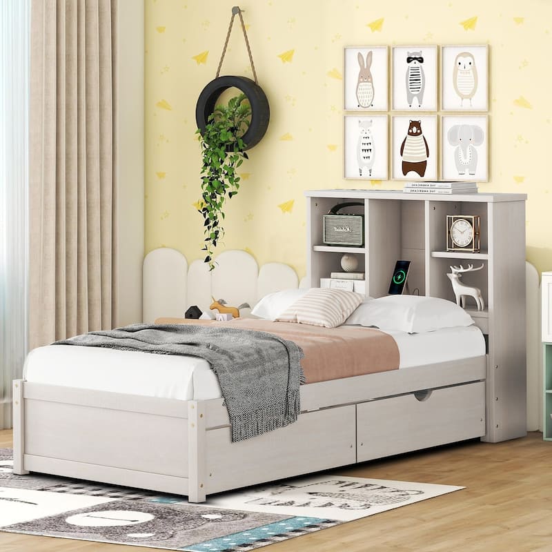 Contemporary Multifunctional Twin Size Wooden Platform Bed Frame - White Washed