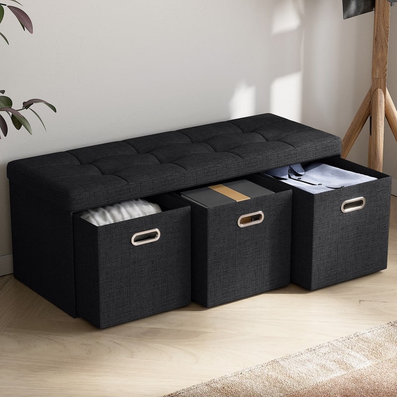 Foldable Linen Large Bench Storage Ottoman with 3 Drawer Cubes - 40"L - Black