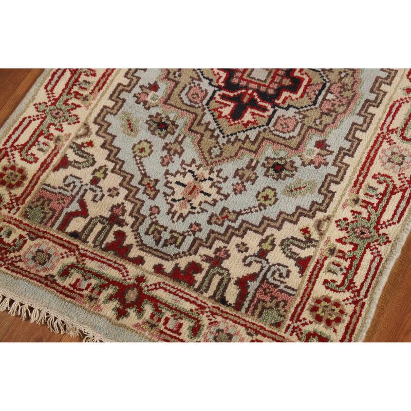 Hand Knotted Oriental 100% Wool Carpet Traditional Geometric Navy Blue & Blues Heriz (serapi) Runner Rug - 8' 1'' X 2' 5''