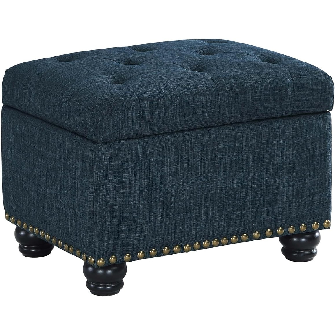 Upholstered Storage Ottoman 24" - Contemporary Foot Stool with Hinged Lid, Dark Blue Fabric