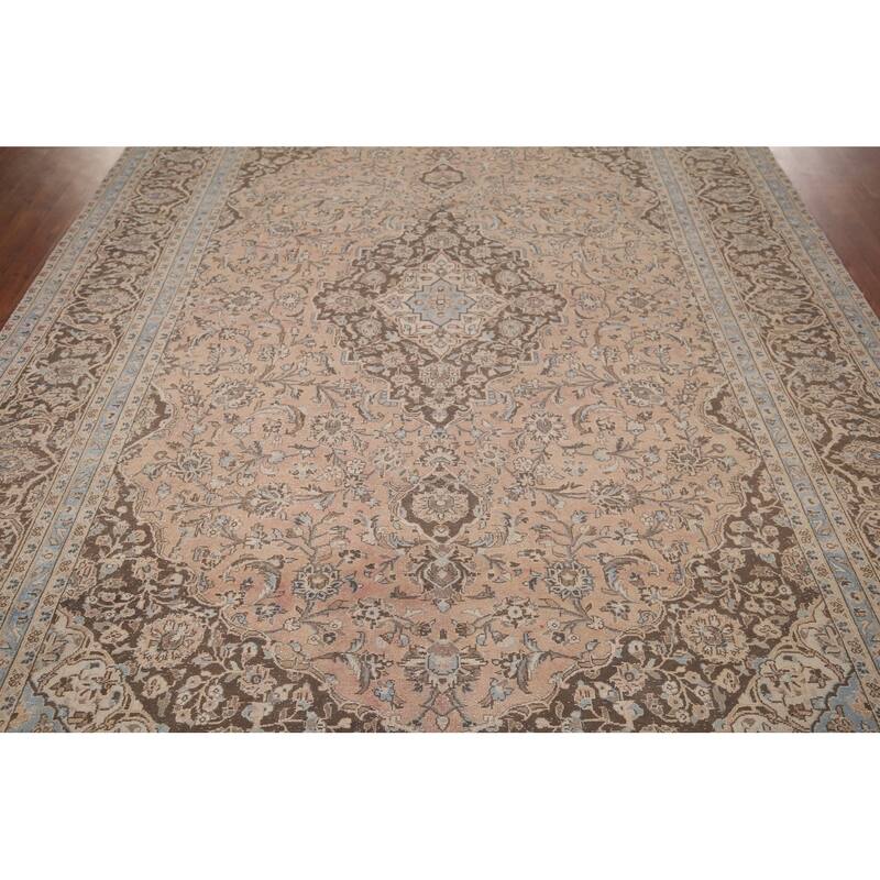 Distressed Traditional Mashad Persian Vintage Handmade Wool Carpet - 8'0"x 11'5"