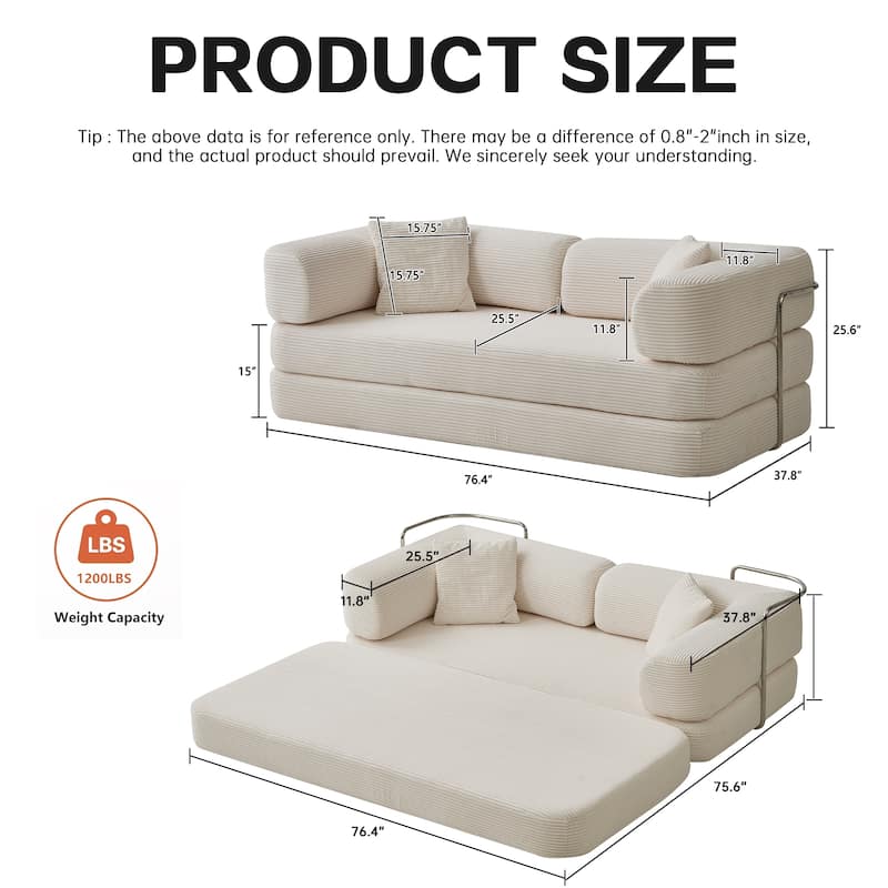 5-in-1 Modular Corduroy Floor Sleeper Sofa Bed Convertible Folding Compressed Couch with Movable Armrests for Living Room