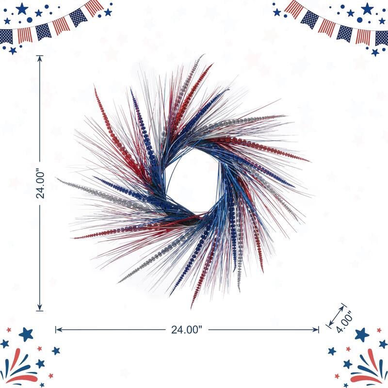 Glitzhome 24"D Patriotic/ Americana Tinsel and Heather Wreath