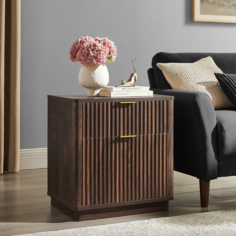Modern Fluted Nightstand with Charging Station, 2 Drawer Bedside Table