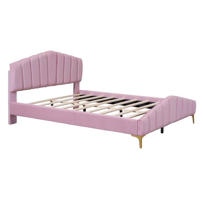 Queen Size Velvet Platform Bed with Metal Bed Leg