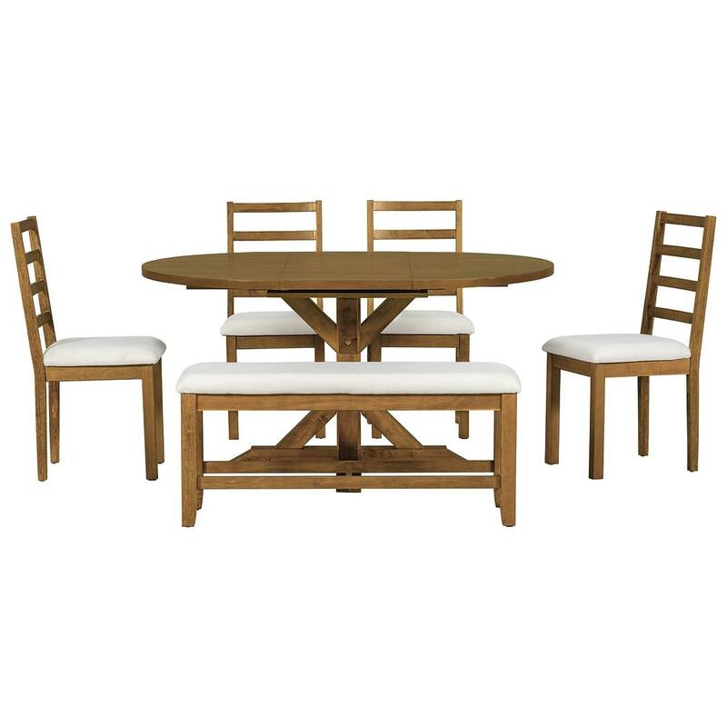 6 PCS Farmhouse Dining Table Set for 6 with Extendable Oval Table
