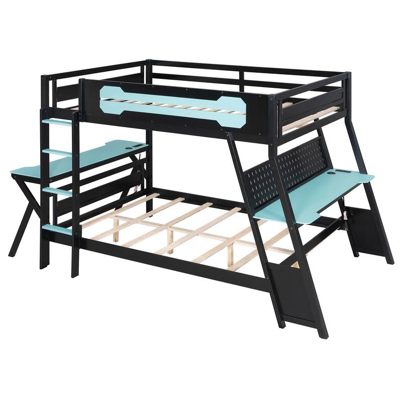 E-sports Inspired Bunk Bed with 2 Built-In Gaming Desks, USB Desktop Ports and Pegboard Organizer, Bunk Frame for Teens Gamer