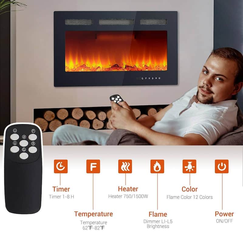 36 Inch Wall Built-in Electric Fireplace Heater for Bedrooms, Living Room - N/A