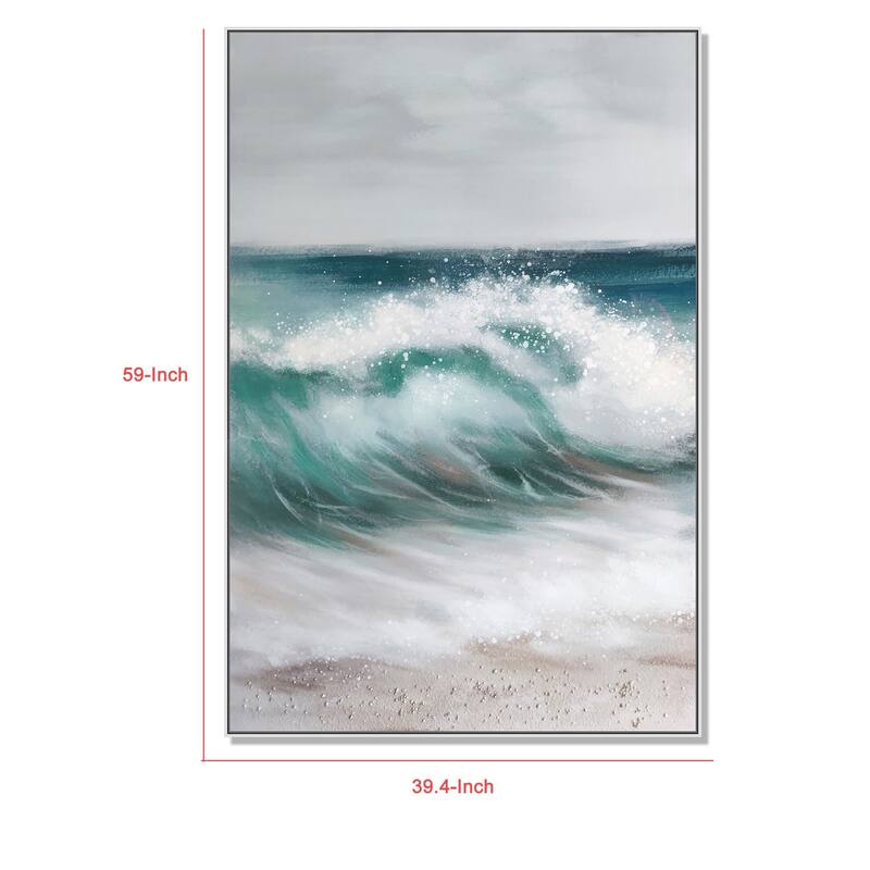 39 x 59 Hand Painted Cresting Waves, White Frame, Seafoam Green, Ocean Blue - Sea Green, Ocean Blue, White