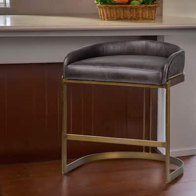 29" Black Genuine Leather Bar Stool with Gold Metal Frame, Footrest, and Contemporary Low Back Design - 29”H x 19.75”W x 20.5”D