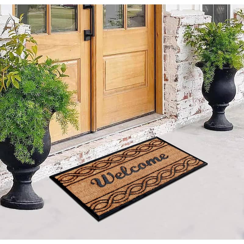 A1HC Rubber and Coir Beautifully Design Welcome Durable Doormat 24"X39", Beige Black Welcome Wave