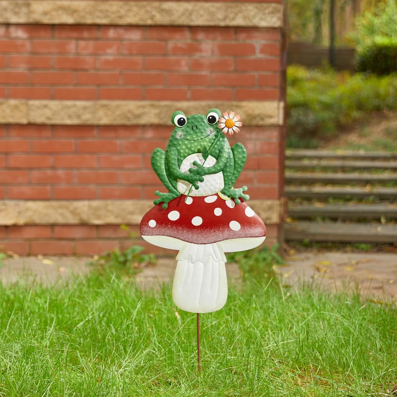 Glitzhome Metal/Wood Frog Stacked Mushroom Welcome Sign Yard Stakes Garden Wall Decor
