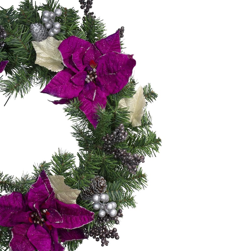 Purple Poinsettia and Silver Pine Cone Christmas Wreath - Unlit 24"