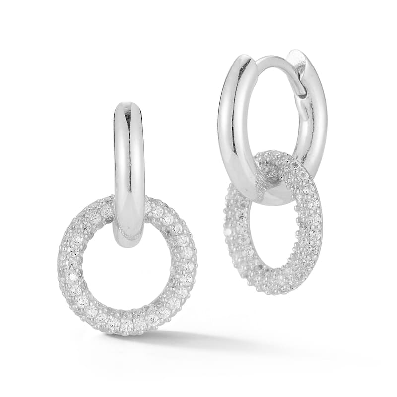 Soleil Sterling Silver Cubic Zirconia Round Pave Link Huggie Earrings - White