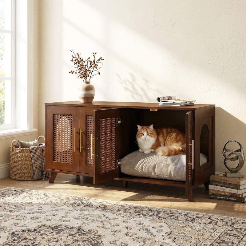 Christopher Knight Home - 47"W Rubber Wood Cat Cabinet with Rattan Doors & Cushion