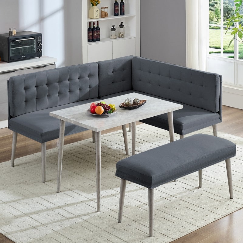 Mixoy 3 Pieces Dining Table Set, Rectangular Table with Upholstered L-Shaped Sofa Chairs Set - DARK GREY - 3-Pieces