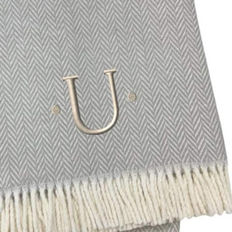 HomeRoots 55" X 70" Gray And White Herringbone Cotton Blend U Initial Throw Blanket with Tassels And Embroidery