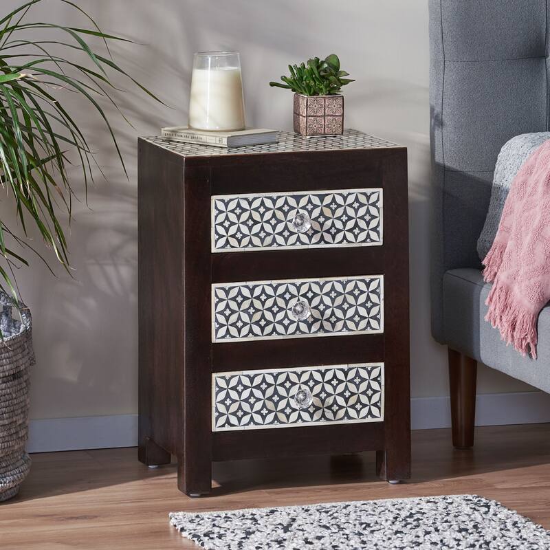 Wooden 3-Drawer Bone-Fitted Nightstand