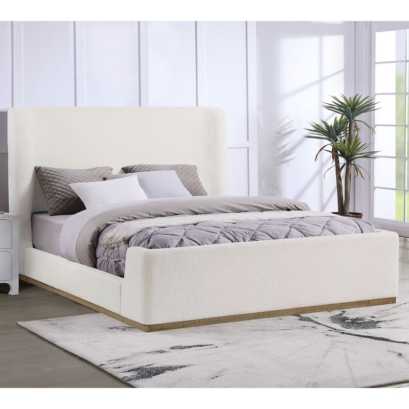 Upholstered Sleigh Bed with Wood Finish Trim in Cream