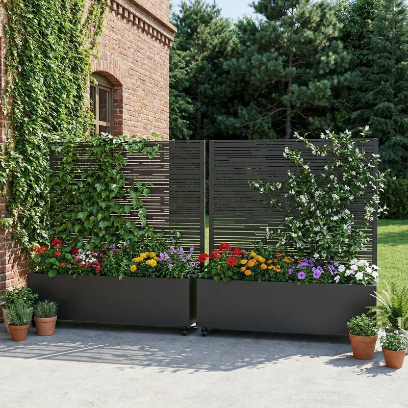 Metal Galvanized Planter Box with Trellis Privacy Screen Lockable Wheels Set of 2