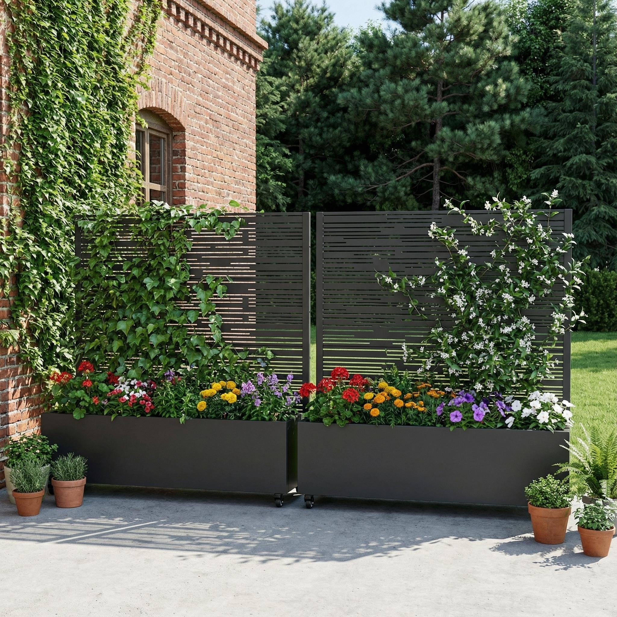 Metal Galvanized Planter Box with Trellis Privacy Screen Lockable Wheels Set of 2