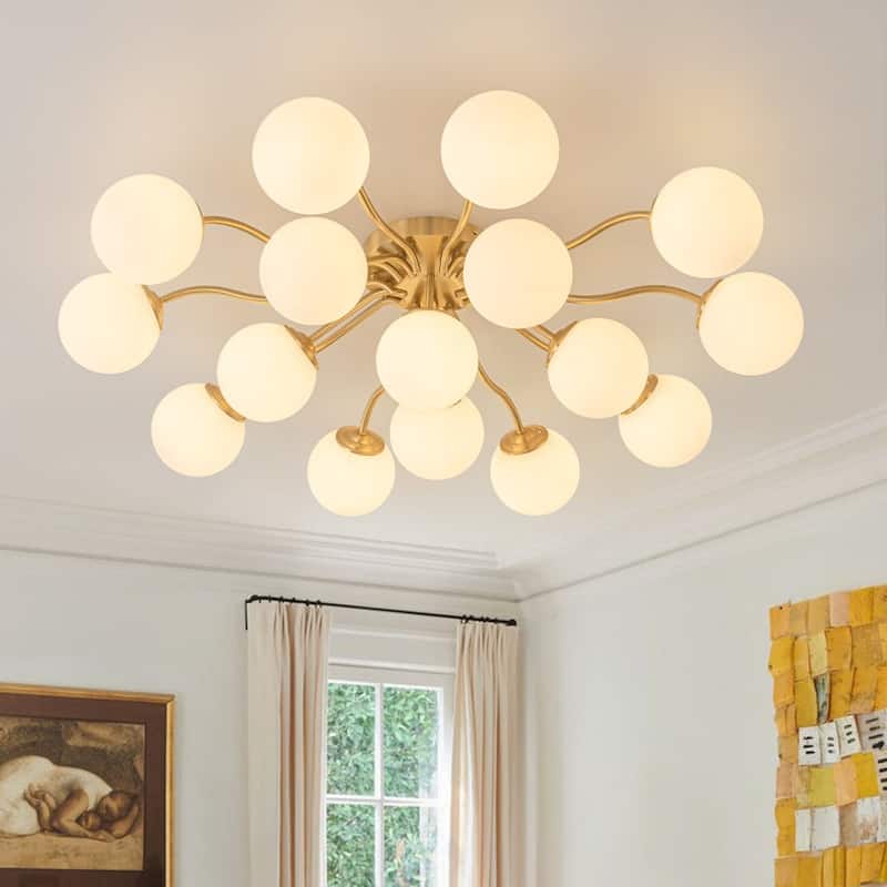 Milky Glass Globe Brass Sputnik Bubble Ceiling Light - 30in Chandelier