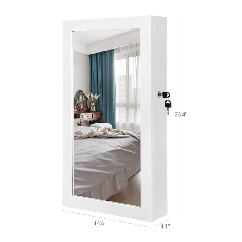 White Lockable Wall Jewelry Cabinet with Mirror Velvet Lined Compartments Ring and Necklace Storage