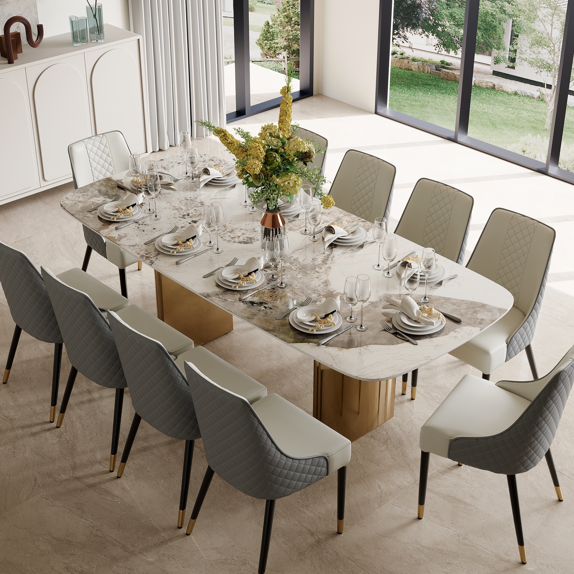 White Rectangular Sintered Stone Dining Table with Double