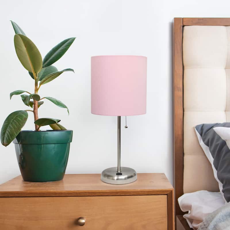 Stick Base Table Desk Lamp with Pink Drum Shade - 19.5" - Brushed Steel