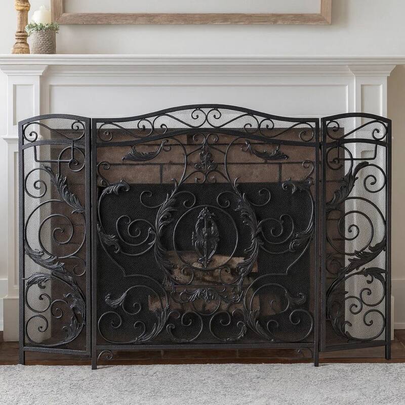 Fireplace Screen, Scrollwork Mesh Design, Iron w Black, Silver Finish