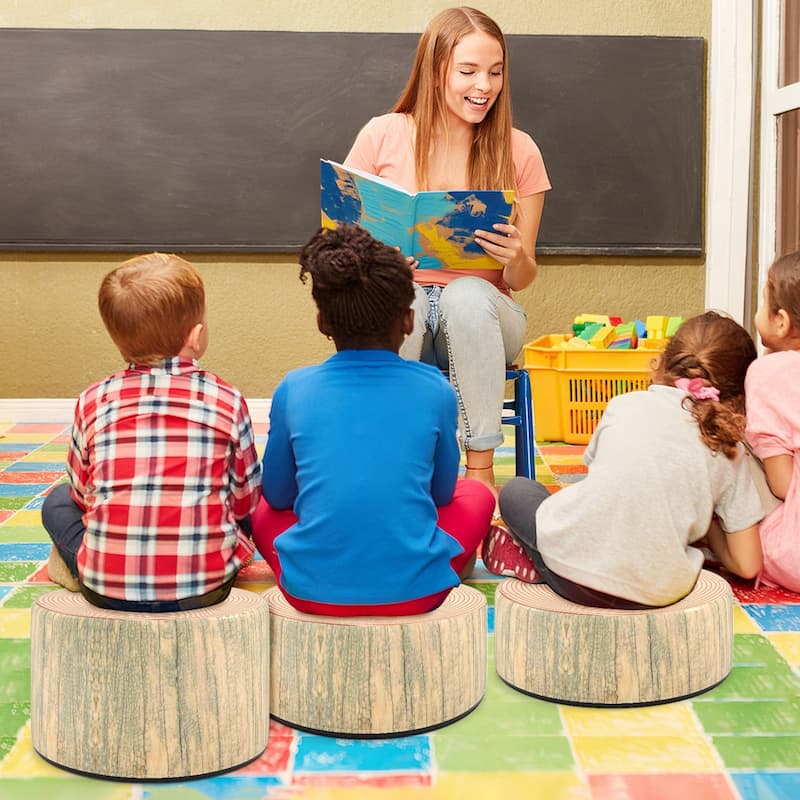 Gymax 3 PCS Tree Stump Stool Set w/Wood Printing Nature Decoration &